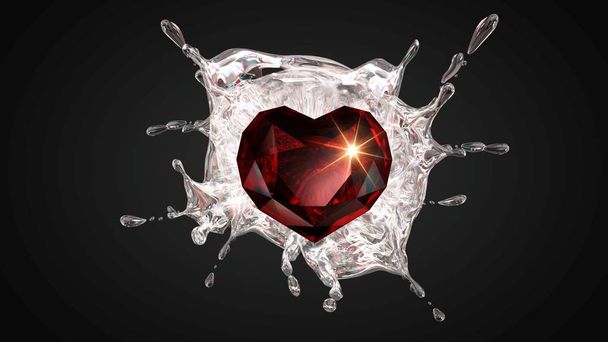 Diamante coração vermelho com respingo de água no fundo preto, 3D Rendering
. - Foto, Imagem