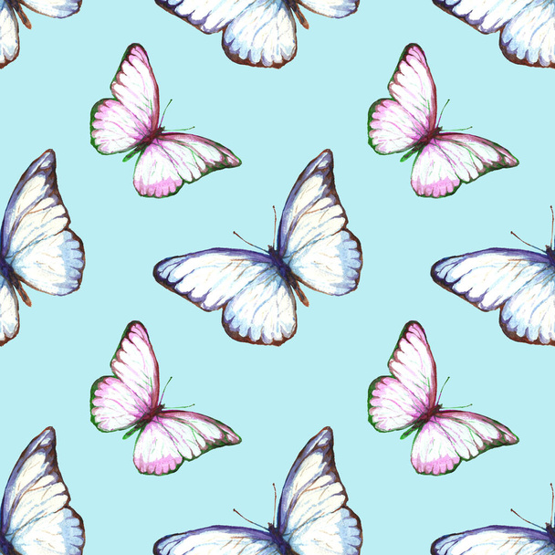 Watercolor seamless pattern of painted butterflies - Photo, Image