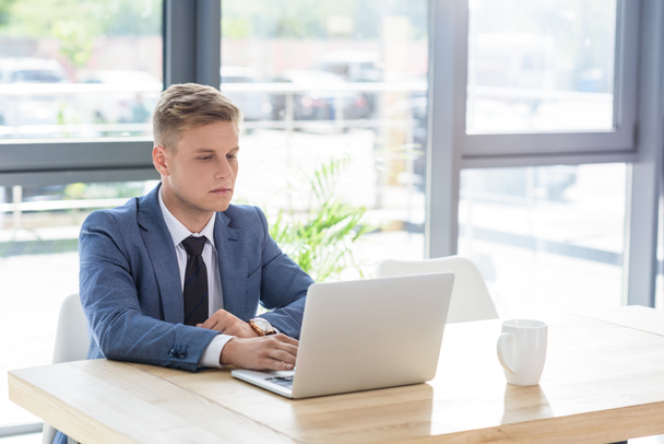Young businessman looking at laptop screen in modern office   - Fotó, kép