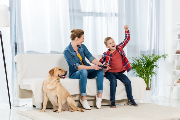 мати і щасливий маленький син грають у відеоігри, а їх собака сидить на підлозі
 - Фото, зображення