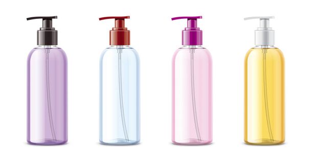 Plastic Cosmetic Spray Mockup. Transparent Bottle. Colored caps. - Photo, Image
