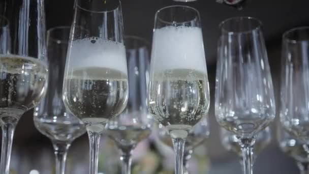 Der Kellner gießt den Champagner in die Gläser. Tischplatte voller Sektgläser mit Flaschen im Hintergrund. - Filmmaterial, Video