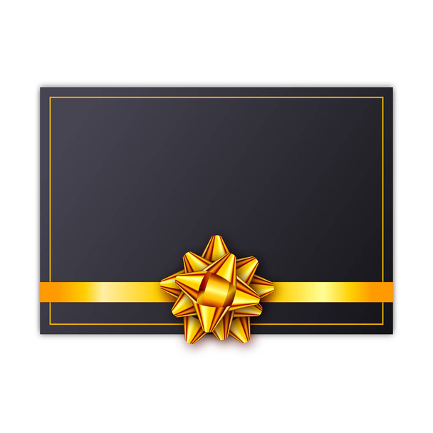 Black holiday gift card with golden ribbon and bow. Template for a business card, banner, poster, notebook, invitation - Vektör, Görsel