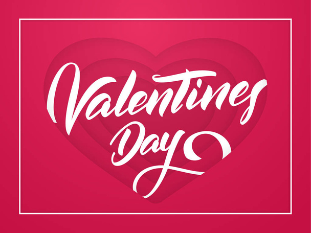 Векторная иллюстрация: Романтическая поздравительная открытка с рукописной надписью Дня Святого Валентина на фоне красных бумажных сердец
 - Вектор,изображение
