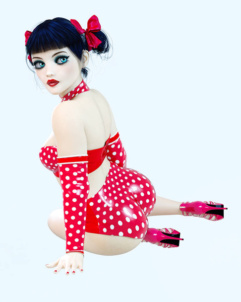 3D sexy girl doll big blue eyes and bright makeup. Woman retro style red shorts. High heel. Bow dark hair. Conceptual fashion art. Seductive candid pose. Realistic render illustration. - Zdjęcie, obraz