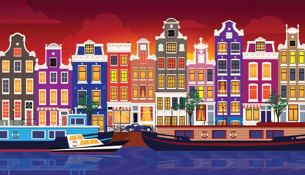 Płaskie kreskówka multicolor kolorowe budynki zabytkowe miasto Amsterdam panorama Holland. - Wektor, obraz