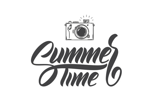 Vector illustration: Brush lettering composition of Summer Time with hand drawn photo camera. - Вектор,изображение