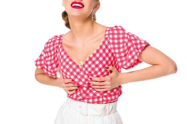 cropped shot of smiling woman in retro style clothing isolated on white - Fotó, kép