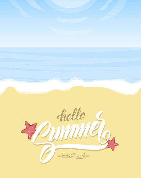 Affiche vétrique avec paysage paradisiaque, plage océanique et lettrage à la main de Hello Summer Vacation sur fond de sable
. - Vecteur, image