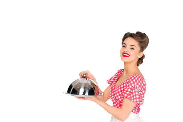 beautiful smiling woman in retro clothing with serving tray in hands isolated on white - Zdjęcie, obraz