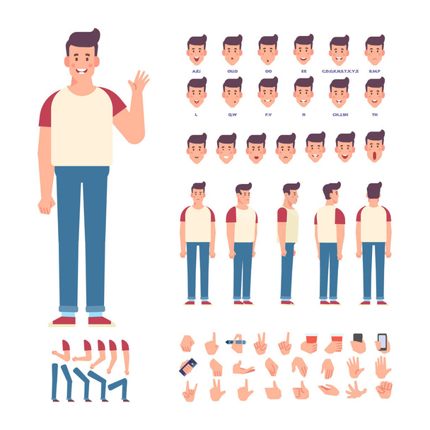 Young man for animation. Front, side, back, 3/4 view character. Separate parts of body. Cartoon style, flat vector illustration. - Vector, Image