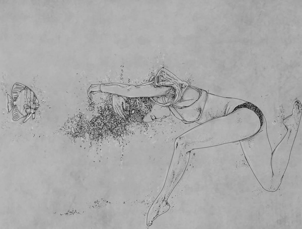 egy nő a tengeri elemek és a buborékok, a nő meríteni úszás rajza, - Fotó, kép