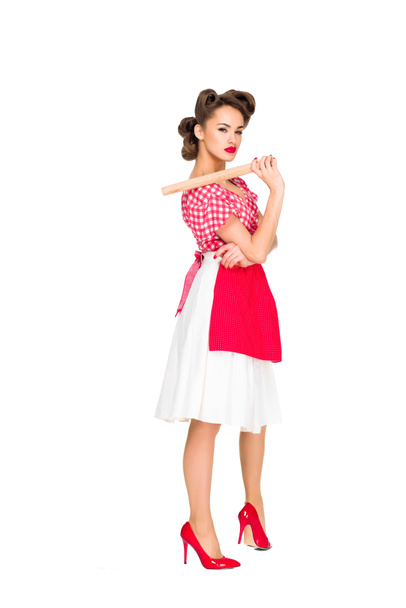 stylish woman in retro clothing and apron with rolling pin isolated on white - Foto, immagini