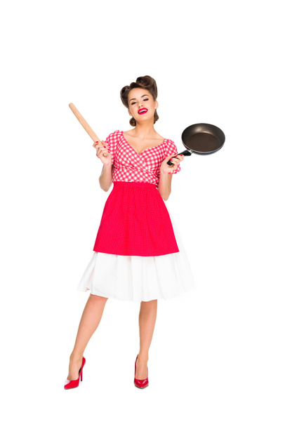 stylish woman in retro clothing with rolling pin and frying pan isolated on white - Photo, Image