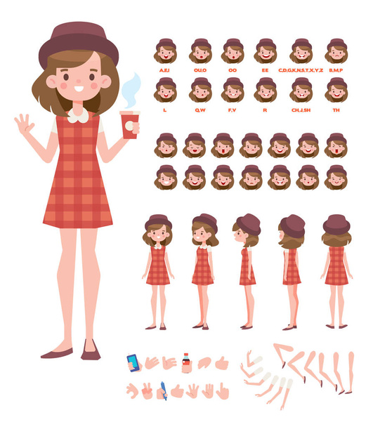 Ön, yan, geri, 3/4 görünüm animasyon karakter. Genç kız karakter Oluşturucu çeşitli görünümler, yüz duygular, dudak senkronizasyon, pozlar ve hareketleri ile. Karikatür tarzı, düz vektör çizim. - Vektör, Görsel