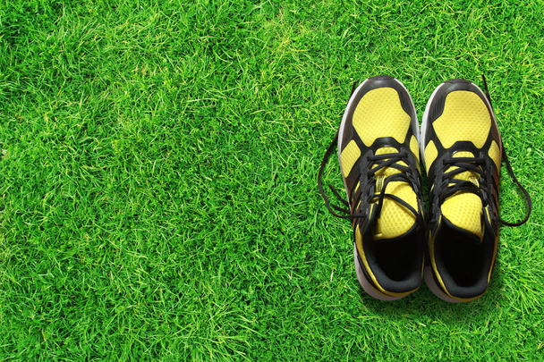 Running shoes on grass - 写真・画像