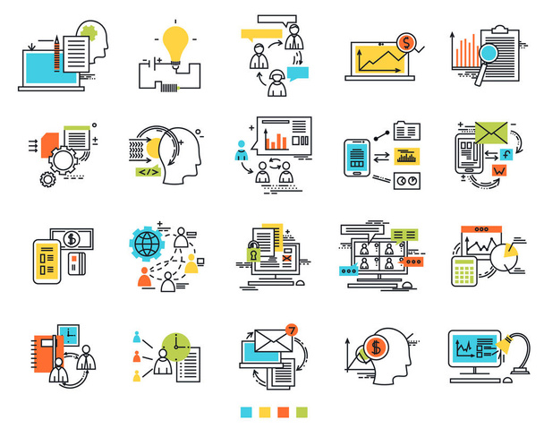 Icons for e-business. Engineering idea icons. Sosial media. The thin contour lines with color fills - Vector, Image