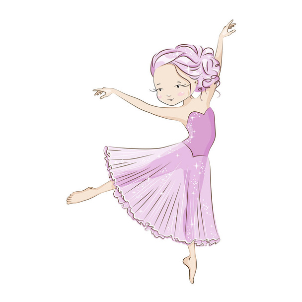 Piękne baleriny w tutu klasycznego. Wdzięku małą tancerkę. Dziewczyna tańczy boso. Jest ona lekka, piękny różowy strój. Ilustracja na białym tle. - Wektor, obraz