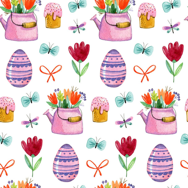 Ακουαρέλα χέρι σχέδιο μοτίβο με Πάσχα muffins, τσαγιέρες με λουλούδια και αυγά, πεταλούδες, τόξα σε άσπρο φόντο. Πάσχα πρότυπο. - Φωτογραφία, εικόνα