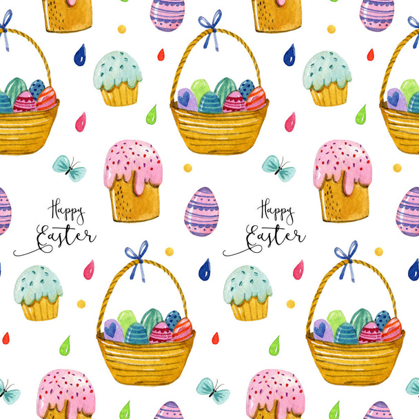 Patrón de dibujo a mano de acuarela con cesta de Pascua con huevos, magdalenas, mariposas y gotas de color sobre fondo blanco
.  - Foto, imagen