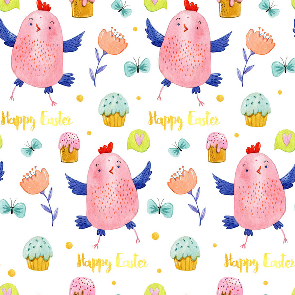 Aquarel hand tekenen patroon met schattige roze kippen, harten, Pasen muffins, gouden druppels en letters op een witte achtergrond. Pasen patroon. - Foto, afbeelding