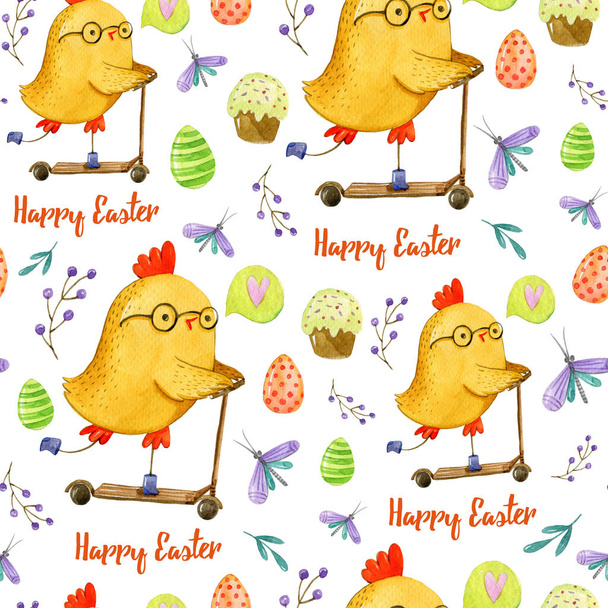 Ακουαρέλα χέρι σχέδιο μοτίβο με χαριτωμένο κίτρινο κοτόπουλο τι οδηγείτε ένα σκούτερ, Πάσχα muffins, αβγά, πεταλούδες, κλαδιά και φύλλα, γράμματα σε άσπρο φόντο. Πάσχα πρότυπο. - Φωτογραφία, εικόνα