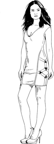 bella ragazza magra in abiti casual, disegnato con inchiostro a mano su uno sfondo bianco - Vettoriali, immagini