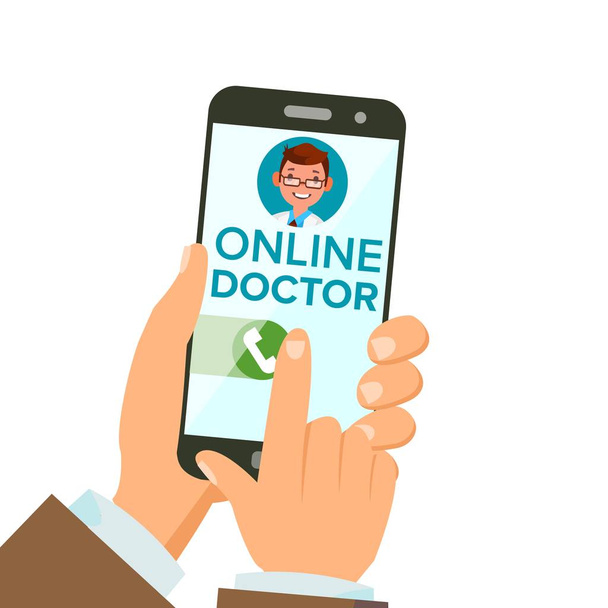 Online Doctor App Vector. Manos sosteniendo Smartphone. Consulta en línea. Hombre en pantalla. Servicio Móvil de Salud. Ilustración plana aislada
 - Vector, Imagen