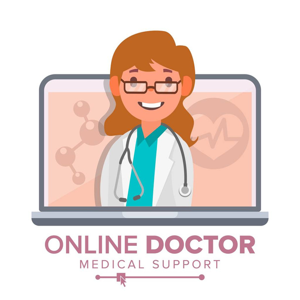 Online doktor kadın vektör. Tıbbi Danışma konsept tasarımı. Kadın dikkat et Laptop. Online tıp destek. Düz illüstrasyon izole - Vektör, Görsel