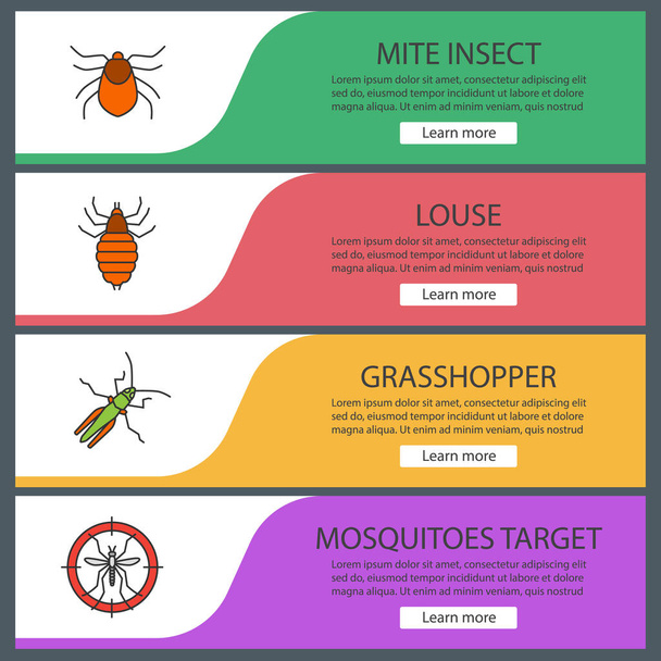 Set of pest control web banner templates with mite insect, louse, grasshopper, mosquitoe target , vector colourful illustration  - Vetor, Imagem