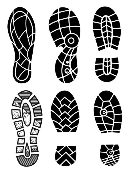 Footprint icons isolated on white background. Vector art. Collection of a imprint soles shoes. Footprint sport shoes big vector illustration set - Vector, Image