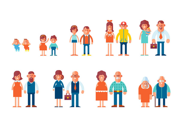 People generations in a flat style isolated on white background. Vector flat illustration,  cartoon style. - Vector, Image