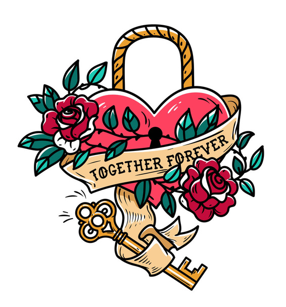 Heart shaped lock. Tattoo heart under lock and key. Together forever. Heart entwined in climbing rose tattoo. Old school - Vector, afbeelding