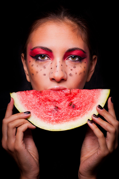 Young beautiful woman and watermelon portrait - Fotó, kép