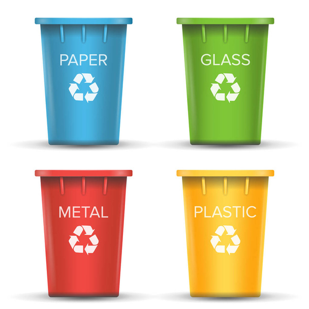 Vector de contenedores de reciclaje multicolor. 3D realista. Conjunto de cubos rojos, verdes, azules y amarillos. Para papel, vidrio, metal, clasificación de plástico. Aislado en blanco
 - Vector, Imagen