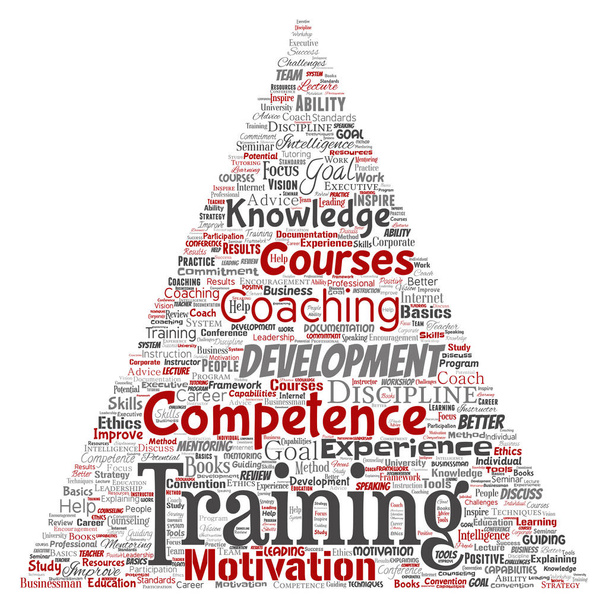 Treinamento conceitual, coaching ou aprendizagem, estudo de nuvem de palavras de seta triângulo isolado em segundo plano. Colagem de mentoring, desenvolvimento, habilidades da motivação, carreira, objetivos potenciais ou competência
 - Foto, Imagem