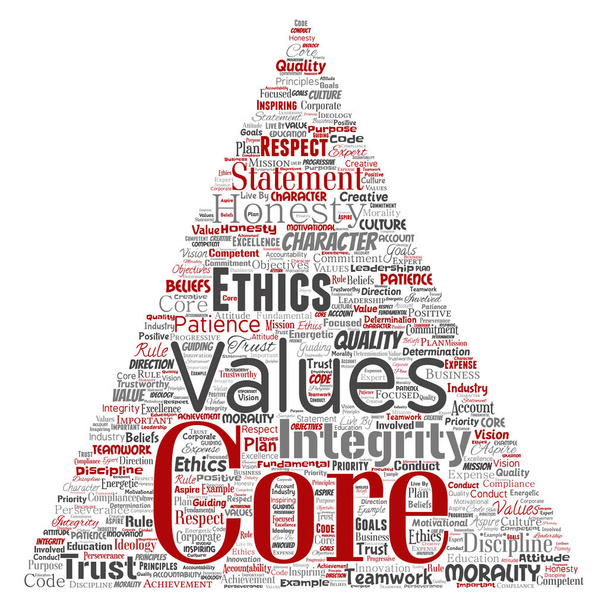 Vector valores do núcleo conceitual integridade ética conceito de seta triângulo nuvem de palavras fundo isolado. Colagem de honestidade qualidade confiança, declaração, caráter, perseverança, respeito e confiável
 - Vetor, Imagem
