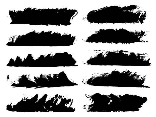 Set of artistic grungy black paint hand made creative brush strokes isolated on white. - Vector, Image