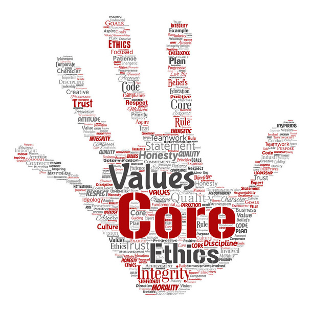 Fogalmi alapvető értékek integritását etikai kéz nyomtatási pecsét koncepció szó felhő elszigetelt háttér. Kollázs a becsületesség minőségi bizalom, nyilatkozat, karakter, kitartás, tisztelet és megbízható - Fotó, kép