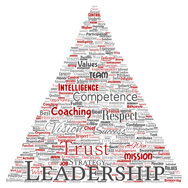 Conceptual business leadership strategy, management value triangle arrow word cloud isolated background. Collage of success, achievement, responsibility, intelligence authority or competence - Photo, Image