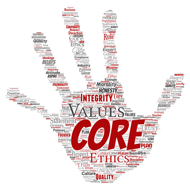Vector conceptuele core waarden integriteit ethiek hand print stempel concept word cloud geïsoleerd achtergrond. Collage van eerlijkheid kwaliteit vertrouwen, verklaring, karakter, doorzettingsvermogen, respect en betrouwbaar - Vector, afbeelding