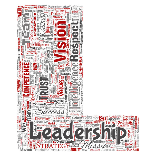 Vector conceptuele-bedrijfsstrategie leiderschap, management waarde brief lettertype L word cloud geïsoleerd achtergrond. Collage van succes, prestatie, verantwoordelijkheid, intelligentie autoriteit of deskundigheid - Vector, afbeelding