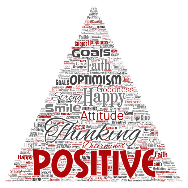 Koncepcyjne pozytywnego myślenia, szczęśliwy, silna postawa trójkąta strzałka słowo cloud na białym tle na tle. Kolaż uśmiech optymizmu, wiary, odważnych celów, dobroci lub szczęście inspiracji - Zdjęcie, obraz