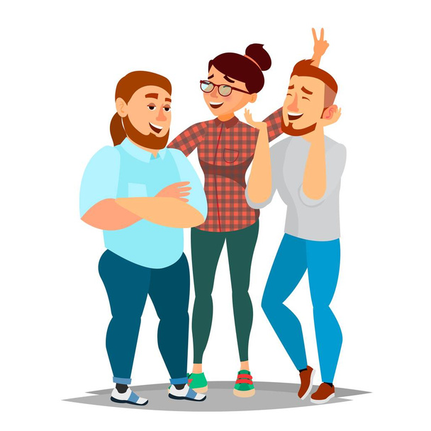 People Group Taking Photo Vector. Laughing Friends, Office Colleagues. Man And Women Take A Picture. Friendship Concept. Isolated Flat Cartoon Illustration - Vector, Image