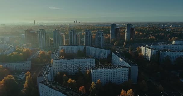 Riga city Autumn buildings living houses Drone flight sunny day - Filmagem, Vídeo