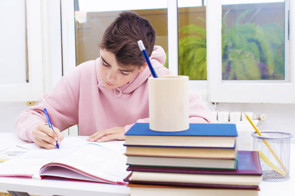 adolescent student on the desk studying and writing - Foto, imagen
