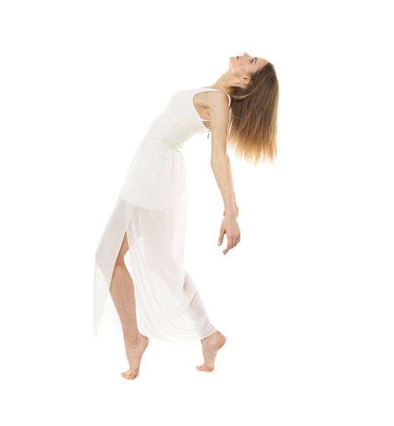 Portrait in full length, young slender woman in white dress - Foto, imagen