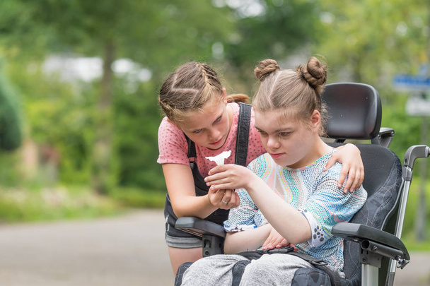 Handicap un enfant handicapé dans un fauteuil roulant relaxant à l'extérieur avec sa sœur
 - Photo, image