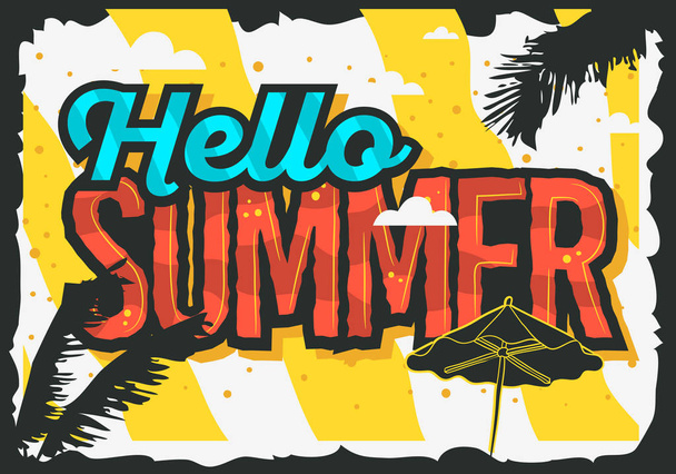 Hello Summer Design With Palm Trees And Beach Umbrella Illustration. - Vetor, Imagem