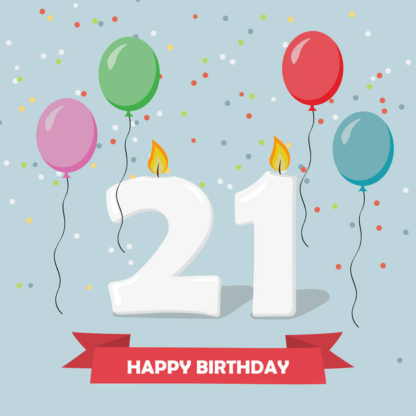 21 anni di festa. Buon compleanno biglietto di auguri con candele, coriandoli e palloncini
 - Vettoriali, immagini